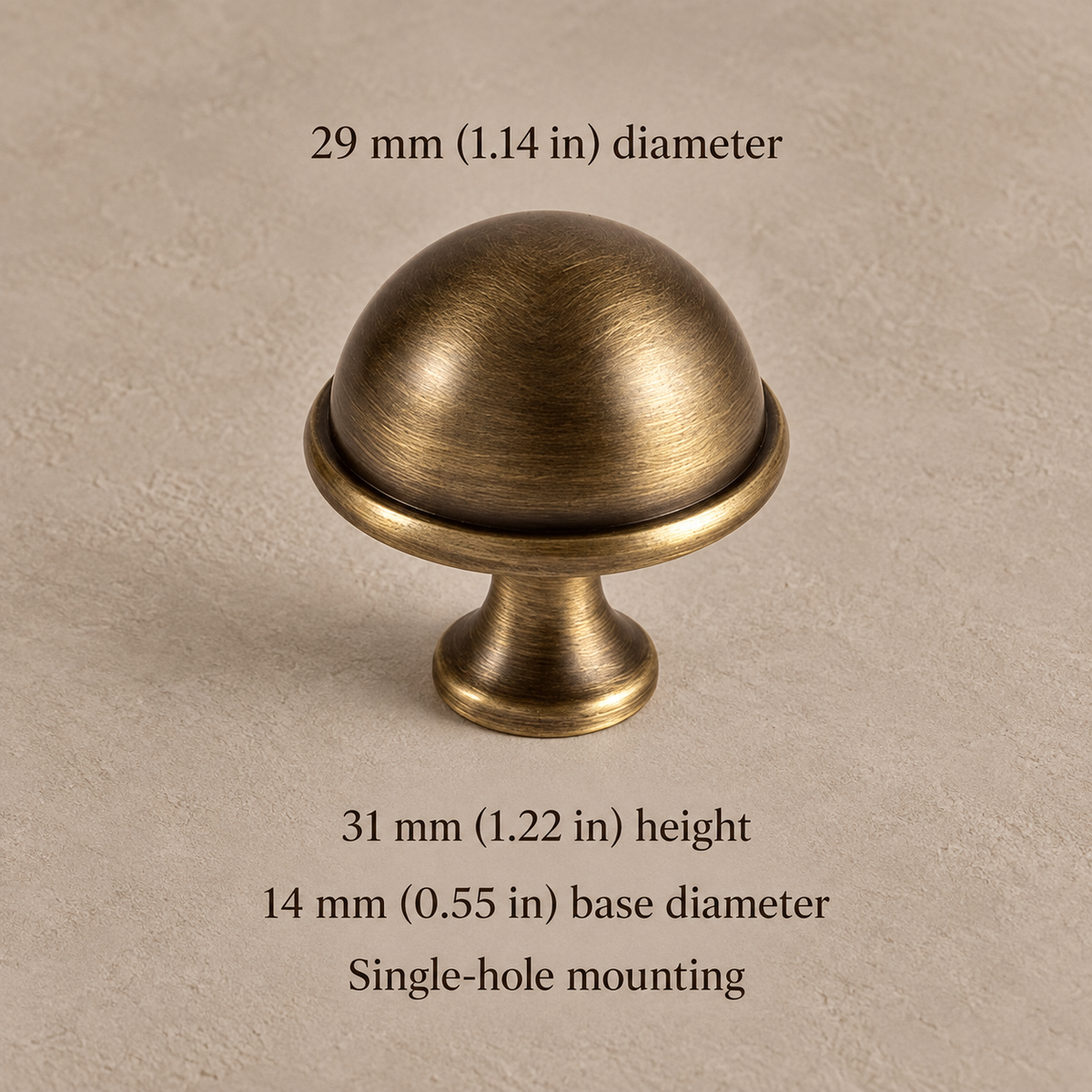 Antique brass slim bar 29mm knob on taupe plaster, dimensions in mm and inches