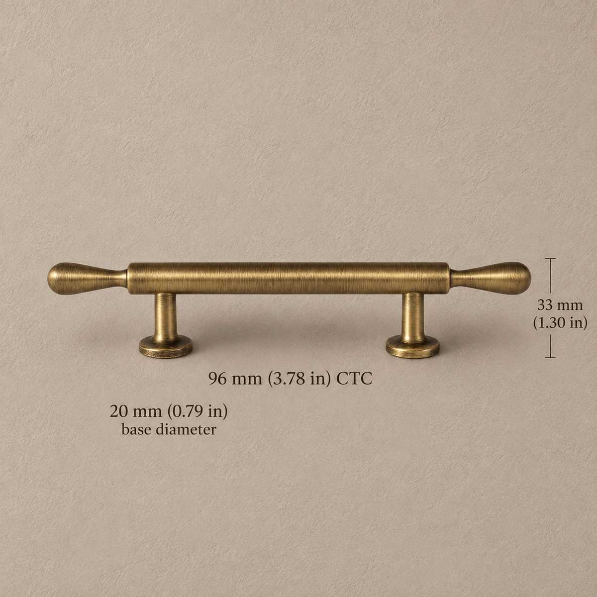 Antique brass slim bar 96mm on taupe plaster, dimensions in mm and inches