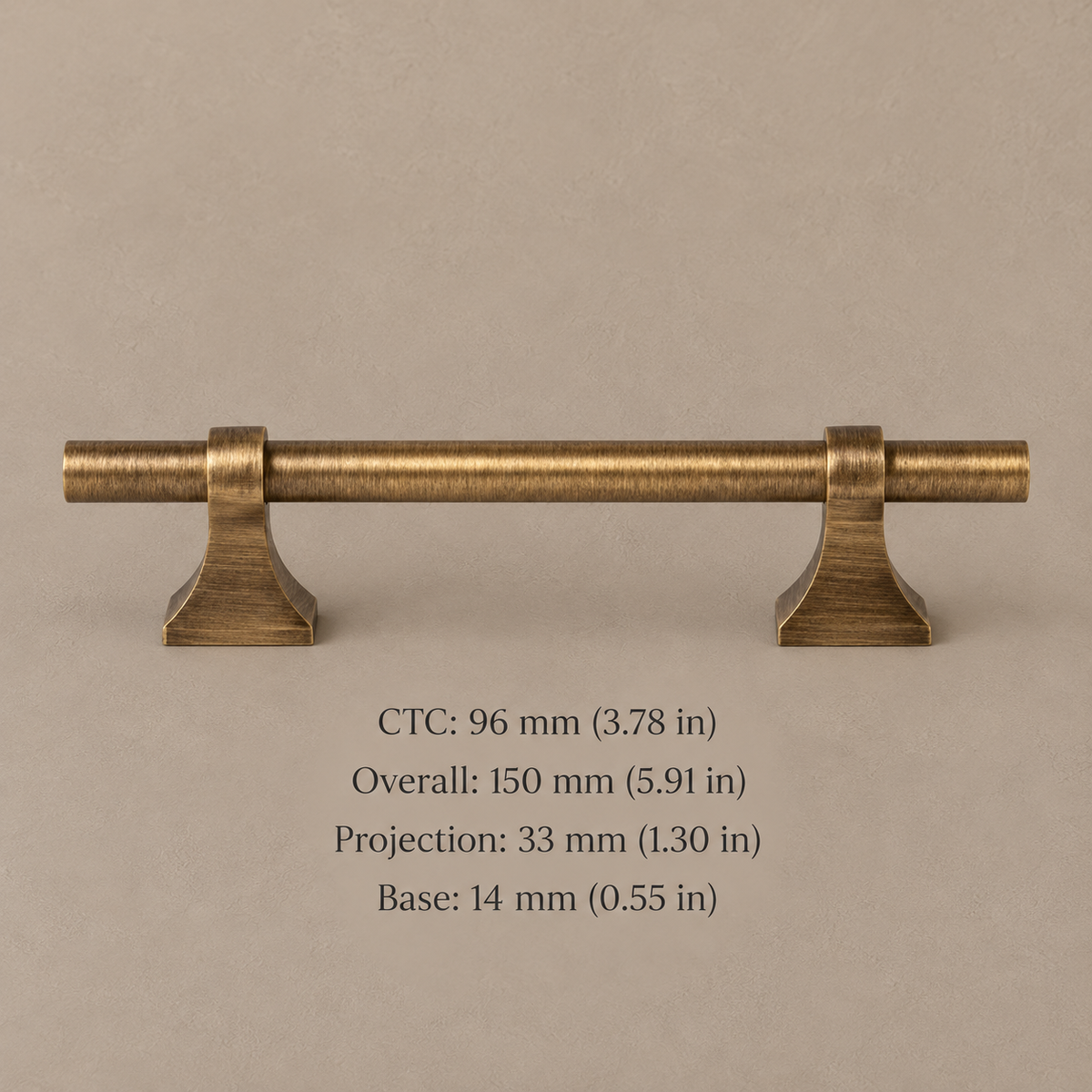 Antique brass cabinet pull with 96 mm hole spacing and measurements in millimeters and inches