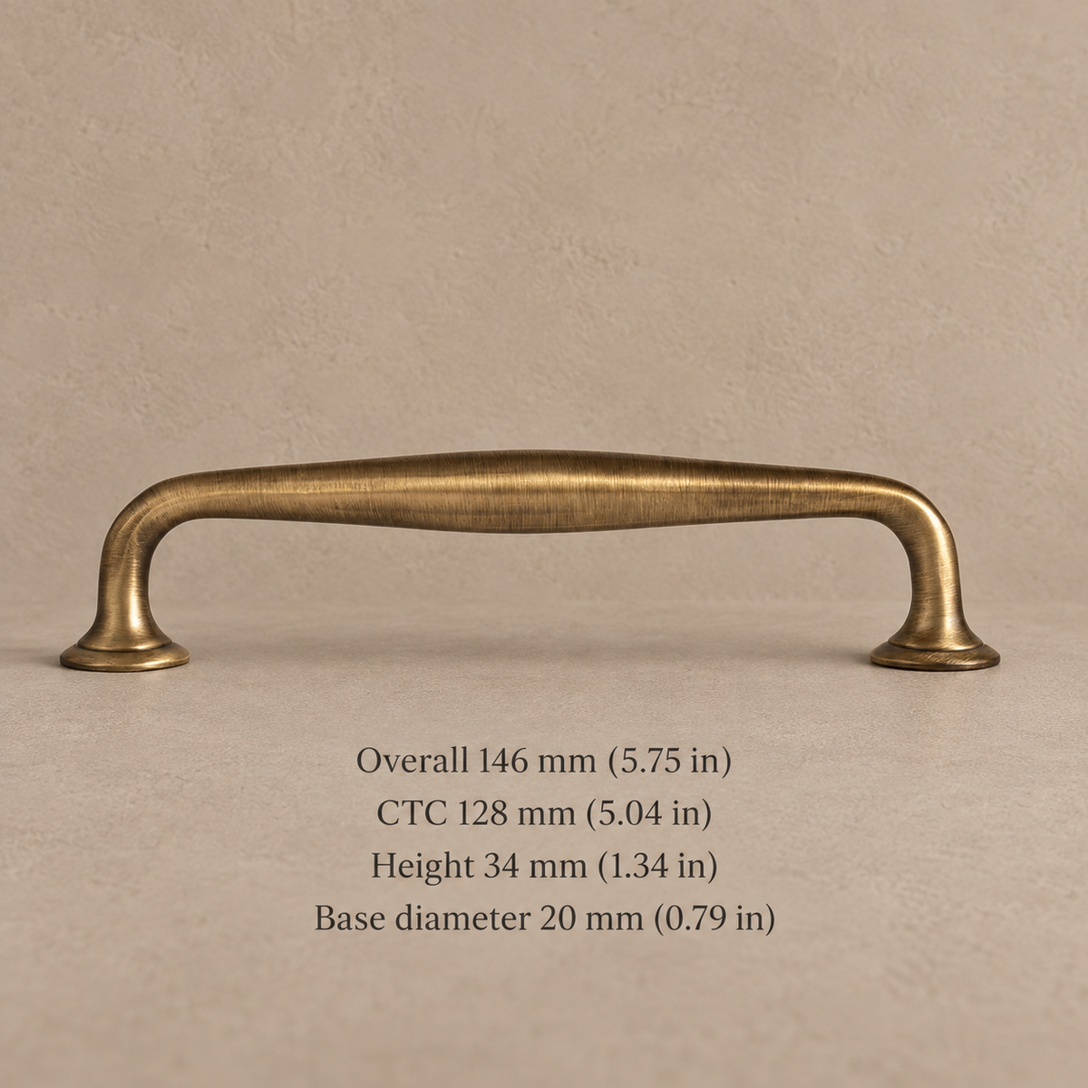 Antique brass squared U-bar cabinet hardware 128mm on taupe plaster with dimensions
