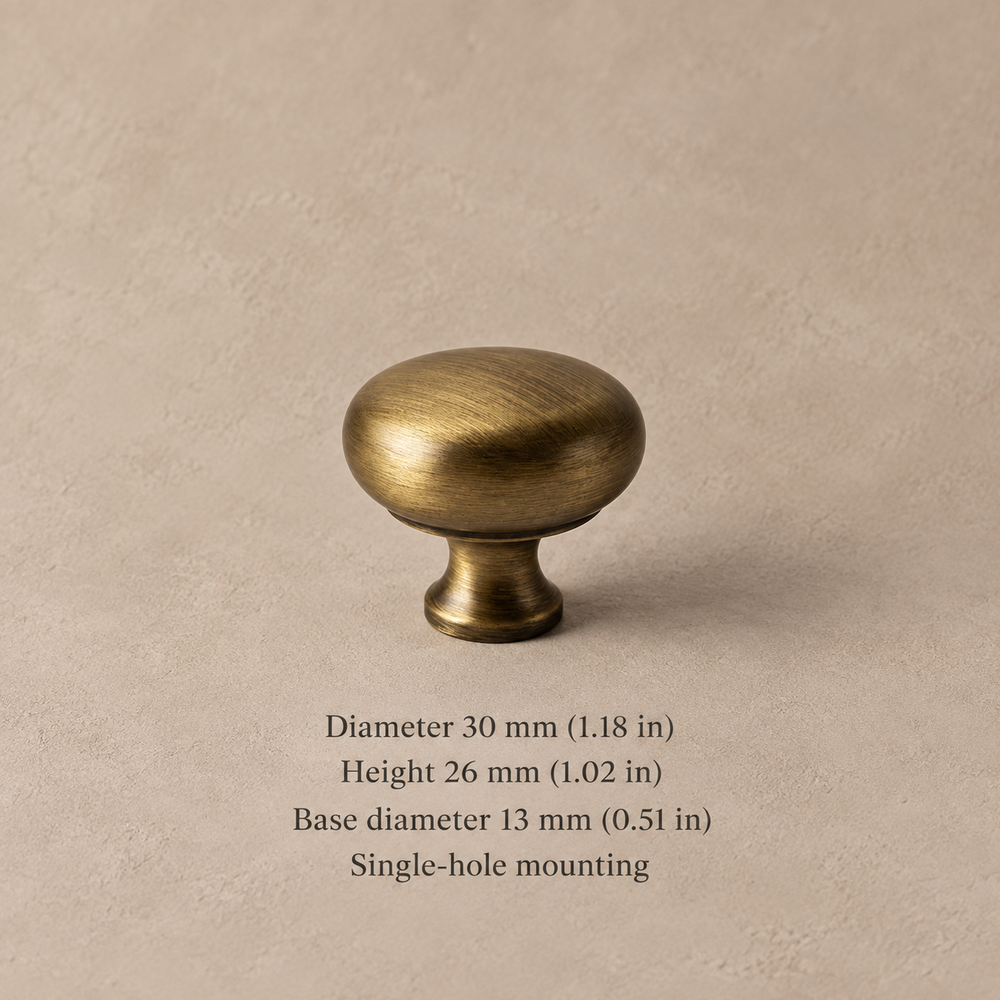 Antique brass squared U-bar cabinet hardware 30mm knob on taupe plaster with dimensions