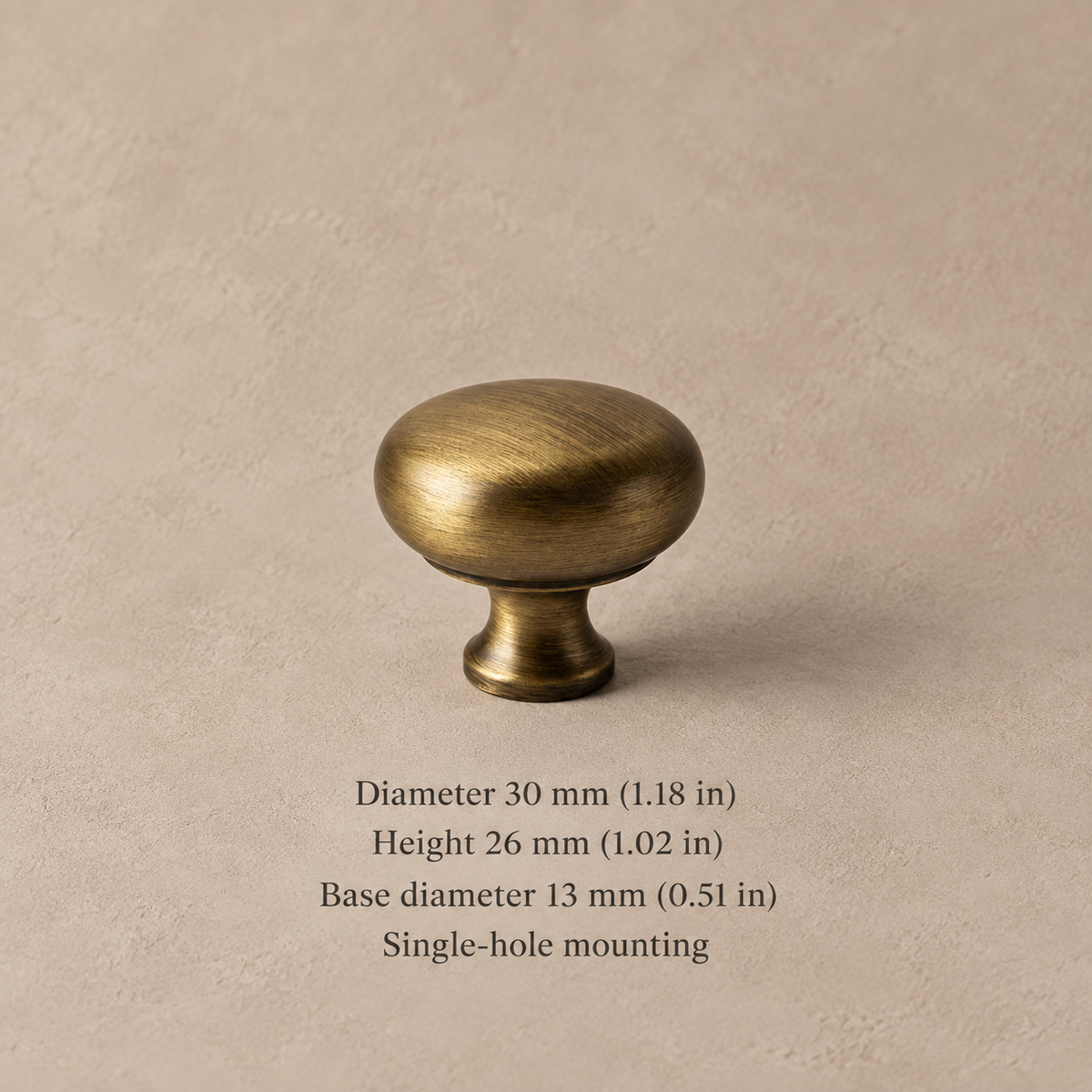 Antique brass squared U-bar cabinet hardware 30mm knob on taupe plaster with dimensions