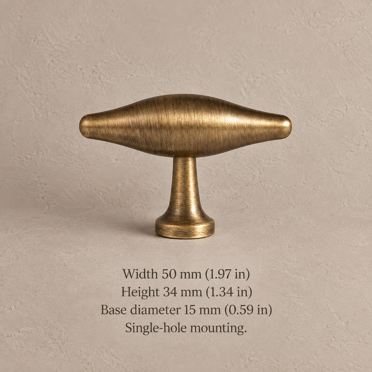 Antique brass squared U-bar cabinet hardware 50mm t knob on taupe plaster with dimensions