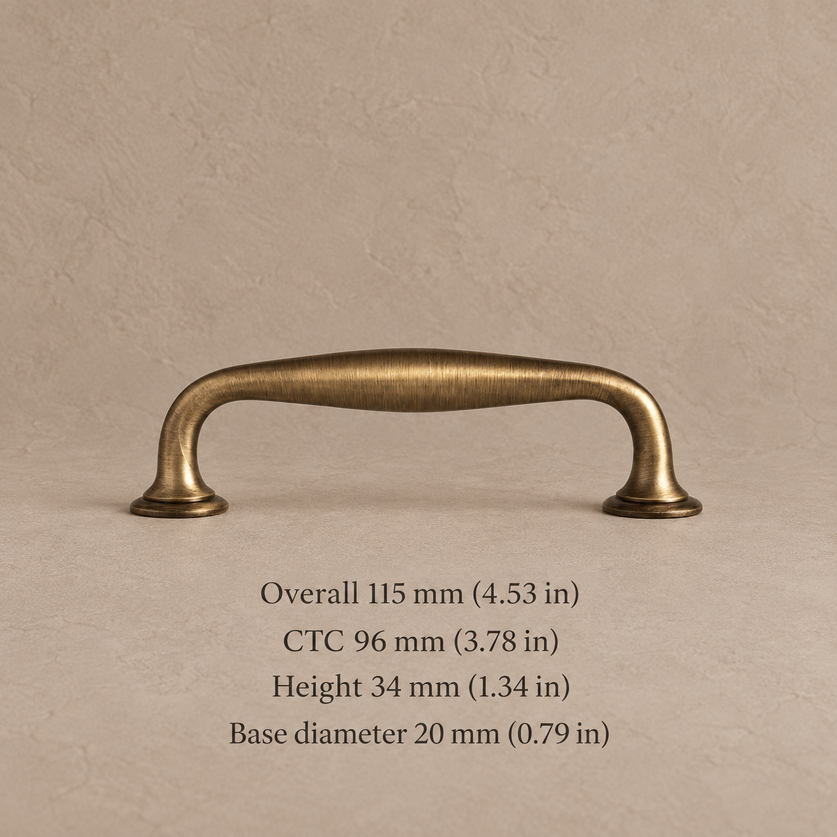 Antique brass squared U-bar cabinet hardware 96mm on taupe plaster with dimensions