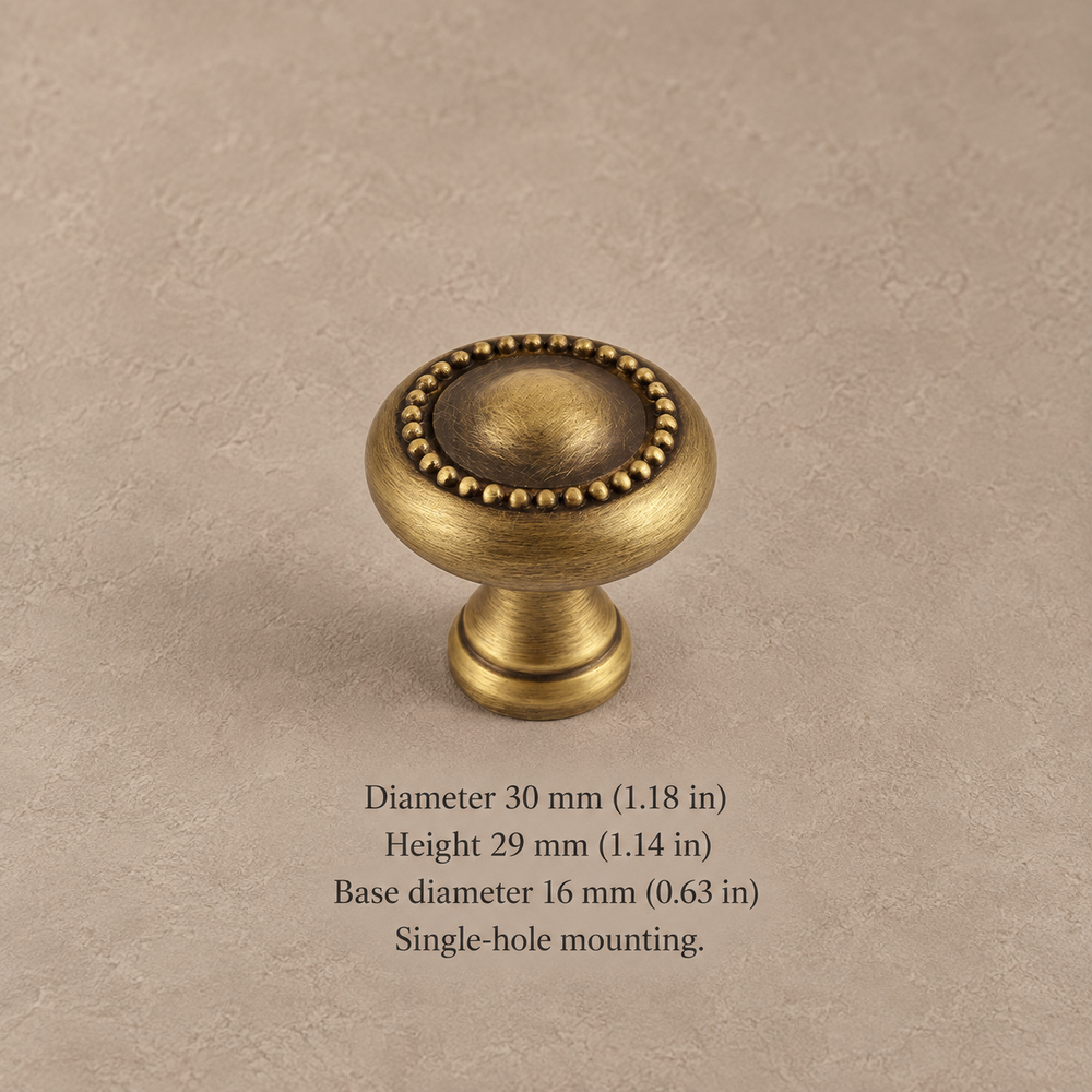 Antique brass 30 mm beaded cabinet knob with dimensions