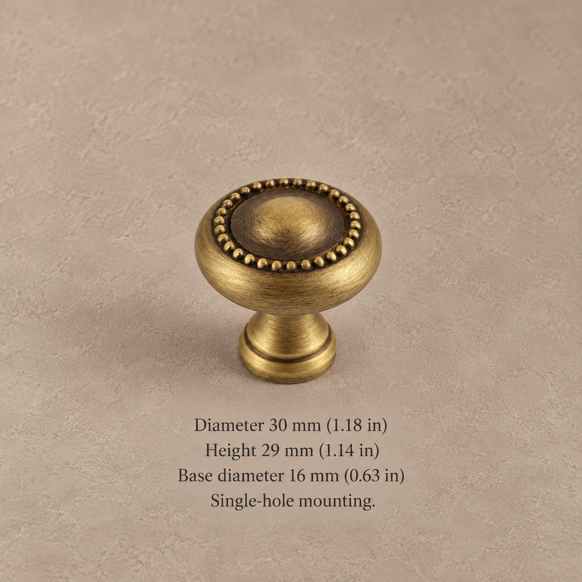 Antique brass 30 mm beaded cabinet knob with dimensions