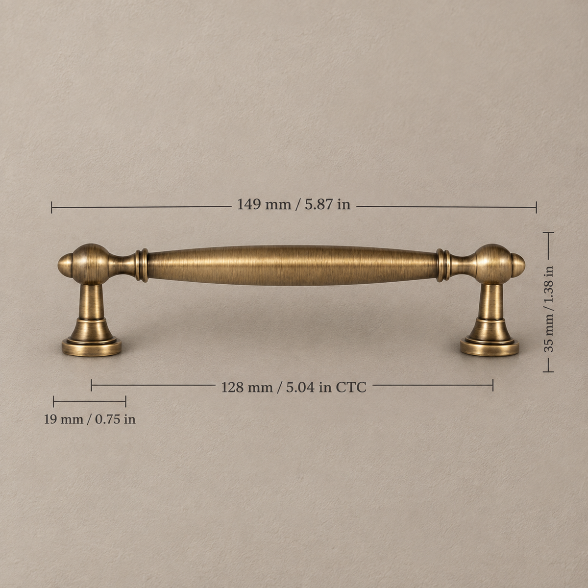 128 mm CTC antique brass pull dimensions in millimeters and inches
