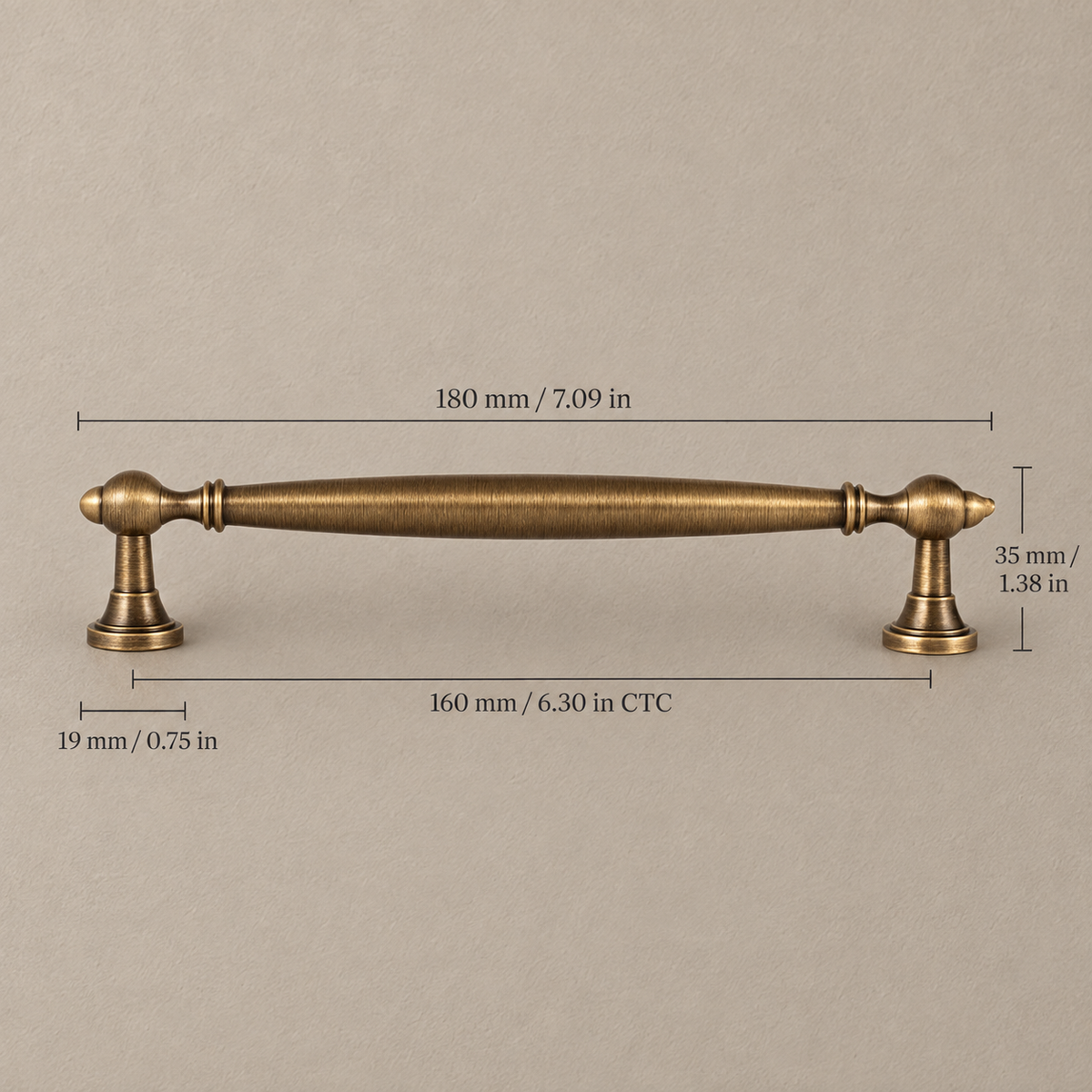 160 mm CTC antique brass pull dimensions in millimeters and inches
