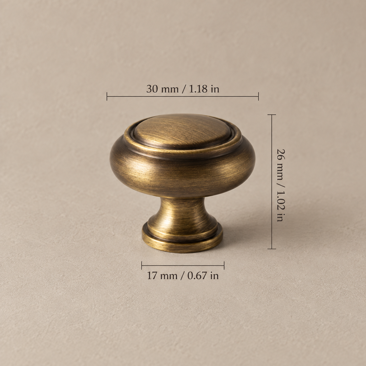 30 mm antique brass knob dimensions in millimeters and inches
