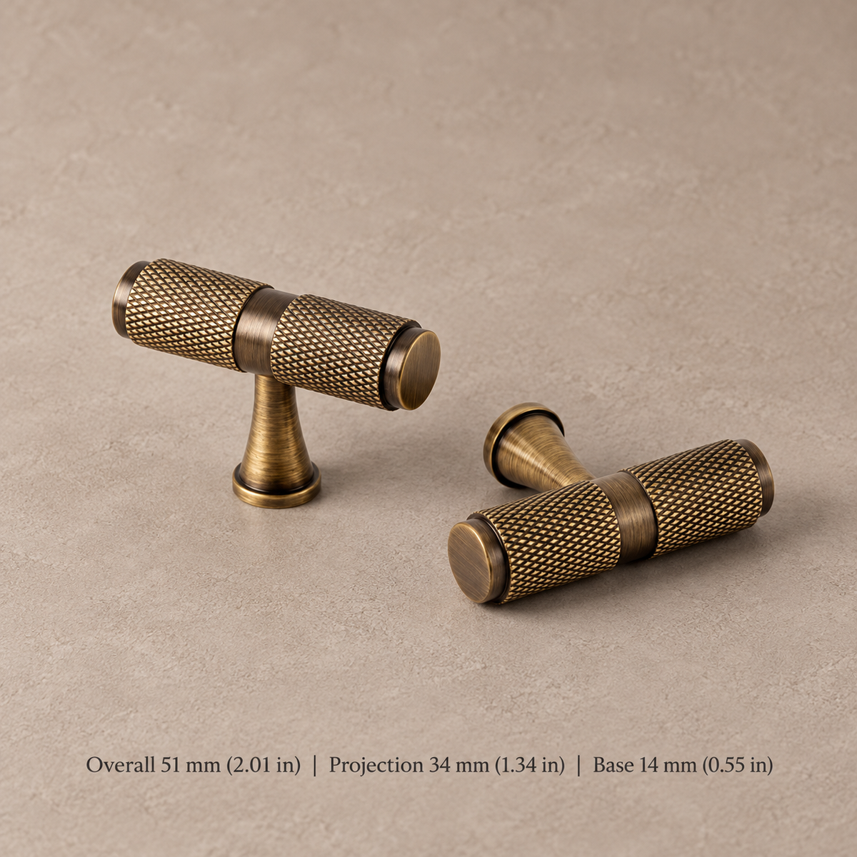 Antique Brass Solid Brass Knurled Cabinet Pulls & Knobs — Cross Pattern Design — t-knob-51mm