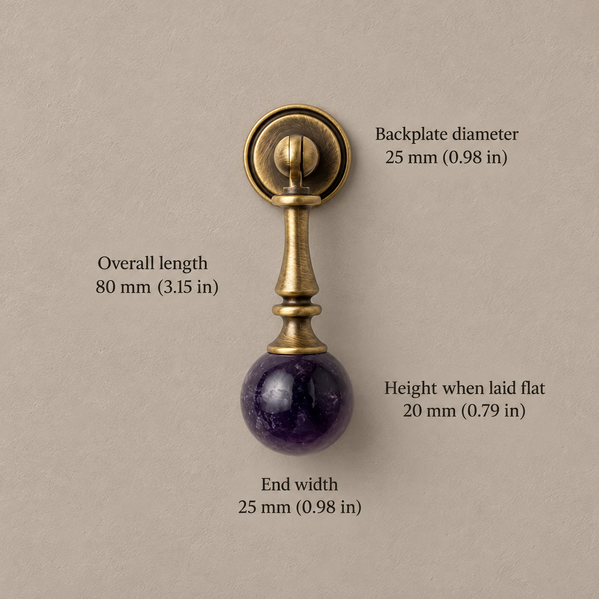 Antique Brass Drop Pulls with Stone & Wood Inlays — ab1-purple