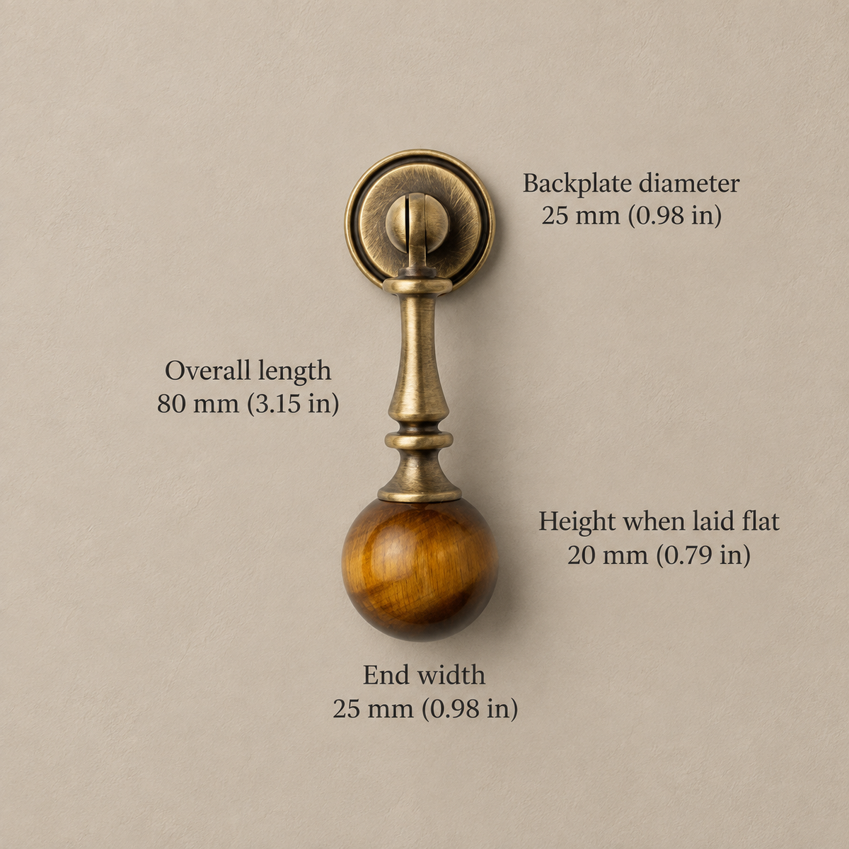Antique Brass Drop Pulls with Stone & Wood Inlays — ab1-tiger-eye