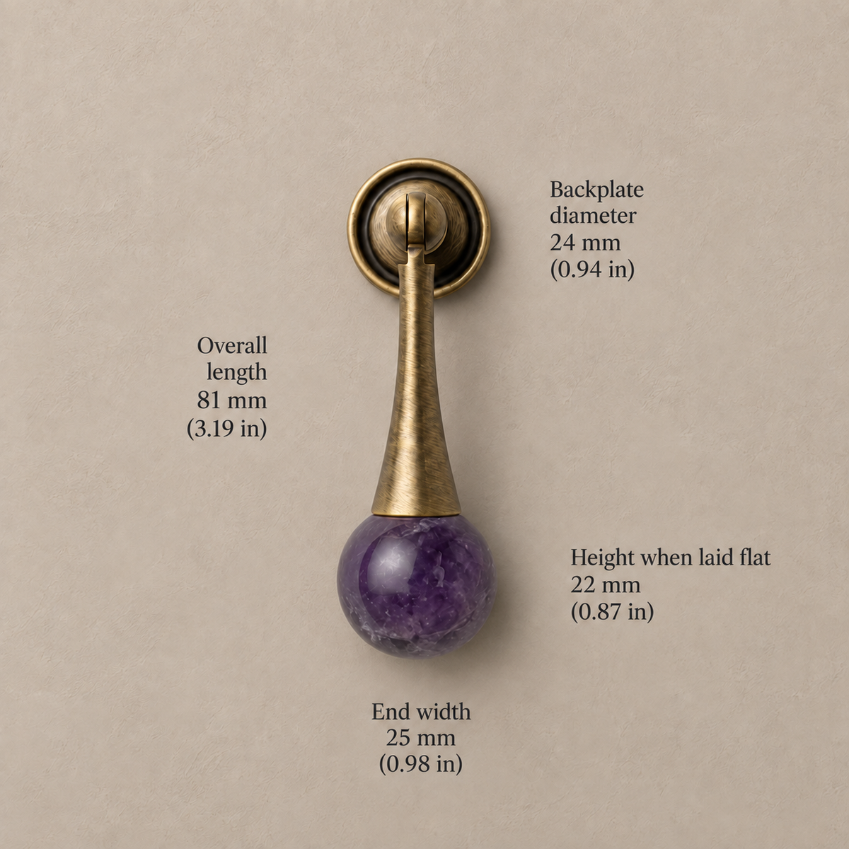 Antique Brass Drop Pulls with Stone & Wood Inlays — ab2-purple