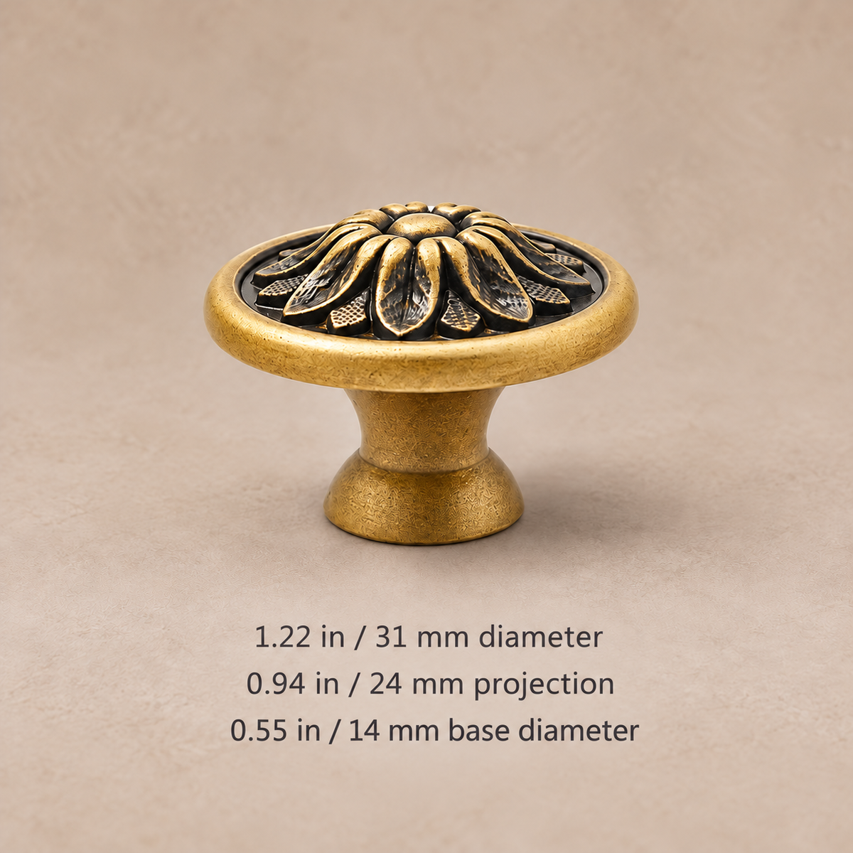 A2 antique brass floral knob: 1.22 in (31 mm) diameter, 0.94 in (24 mm) projection and 0.55 in (14 mm) base diameter.