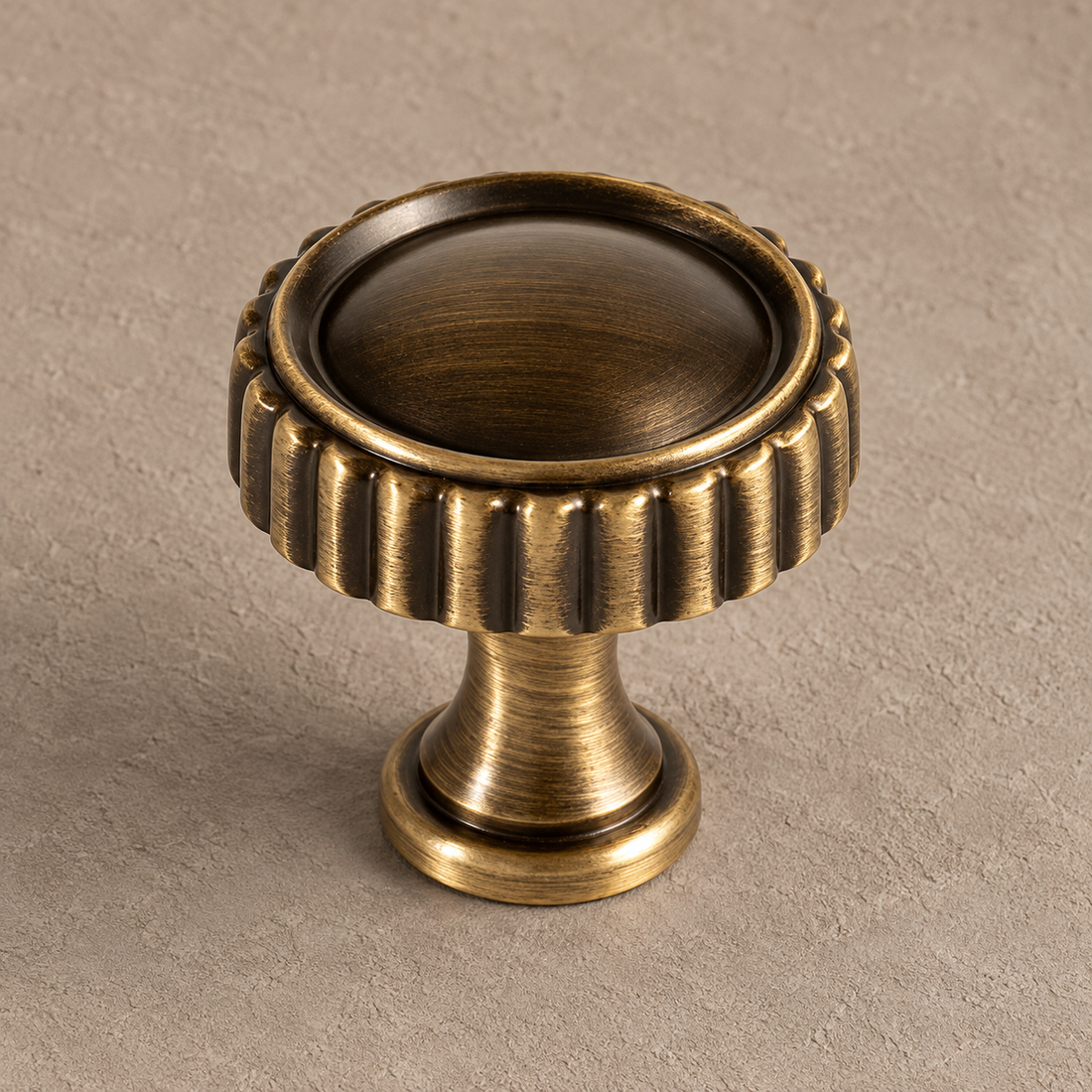 Solid Antique Brass Cabinet Pull & Knob — Luxury European Design on a neutral stone studio background