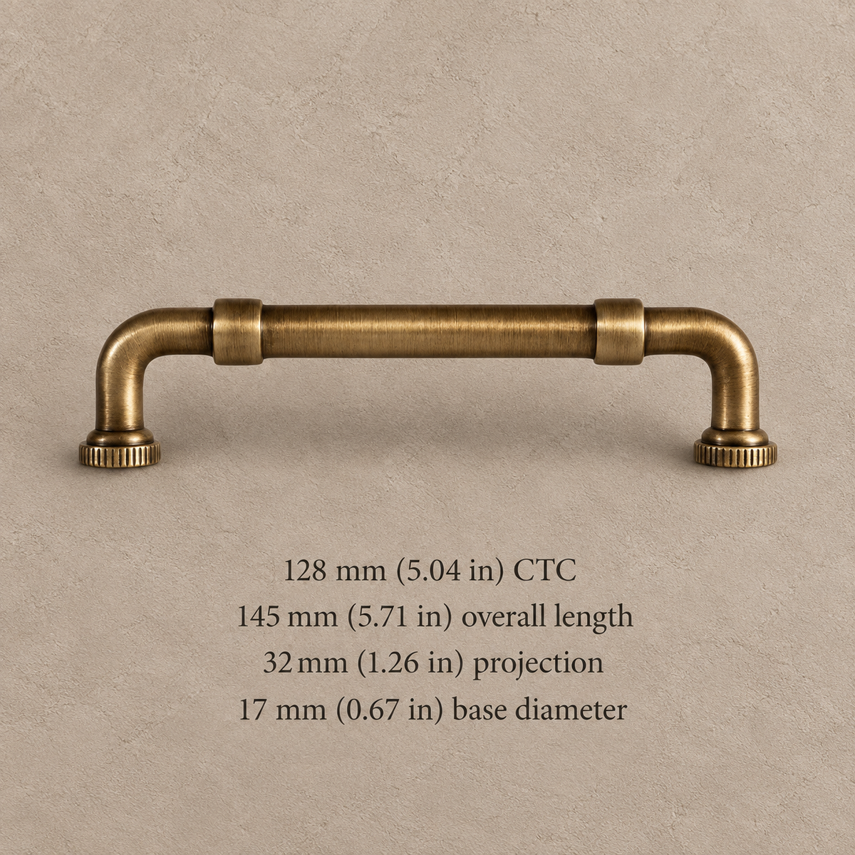Antique Brass Solid Brass Cabinet Pulls & Knobs — Modern Pipe Design — 128mm
