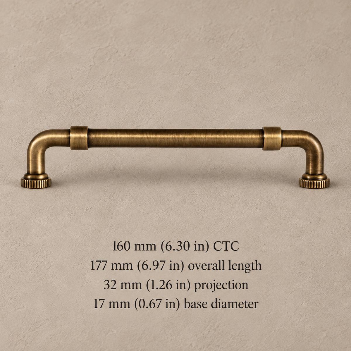 Antique Brass Solid Brass Cabinet Pulls & Knobs — Modern Pipe Design — 160mm