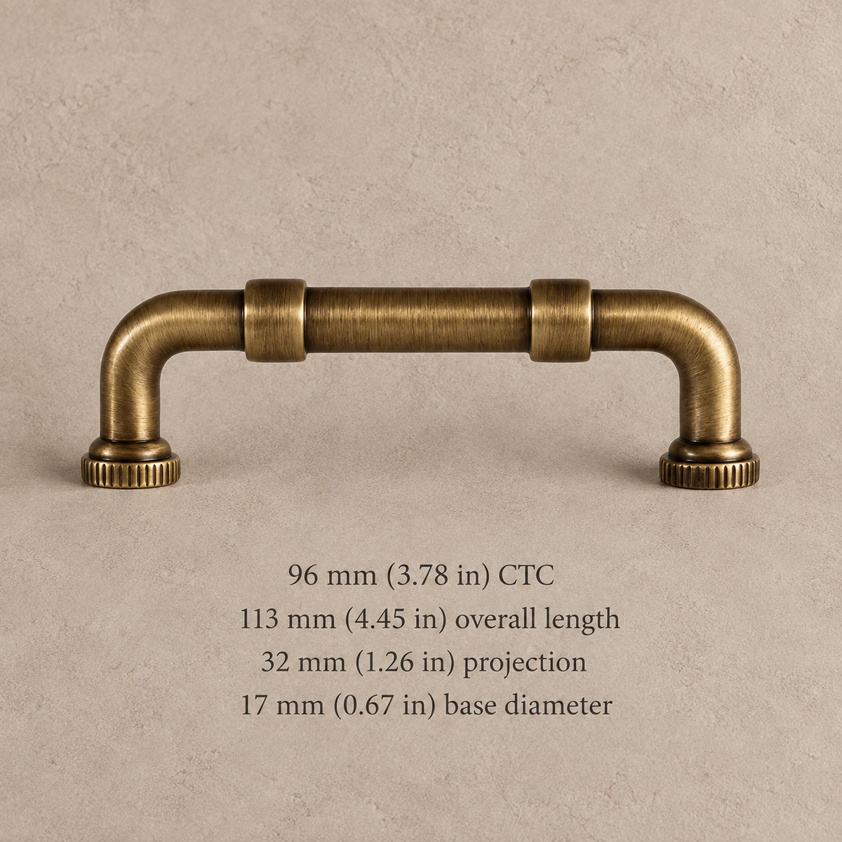 Antique Brass Solid Brass Cabinet Pulls & Knobs — Modern Pipe Design — 96mm