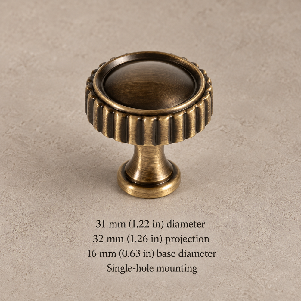 Antique Brass Solid Brass Cabinet Pulls & Knobs — Modern Pipe Design — knob-31mm