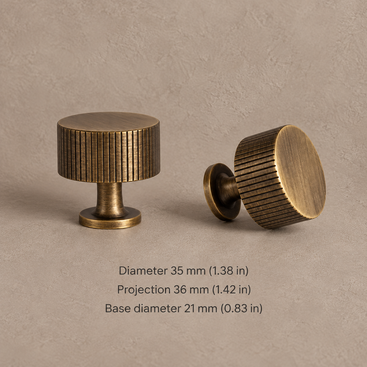 Ribbed Solid Brass Cabinet Pulls & Knobs — Antique Brass — knob-35