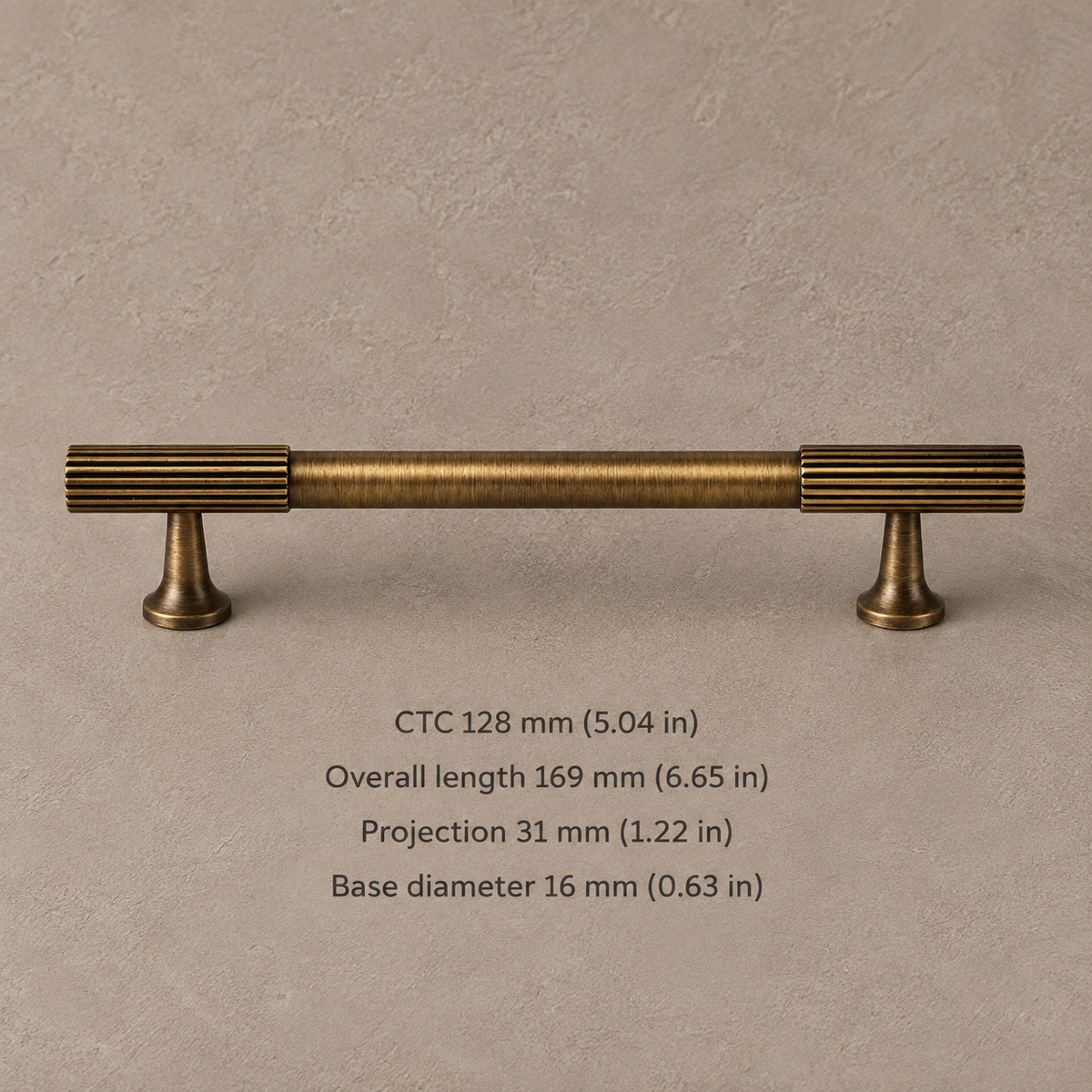 Ribbed Solid Brass Cabinet Pulls & Knobs — Antique Brass — pull-128-ctc