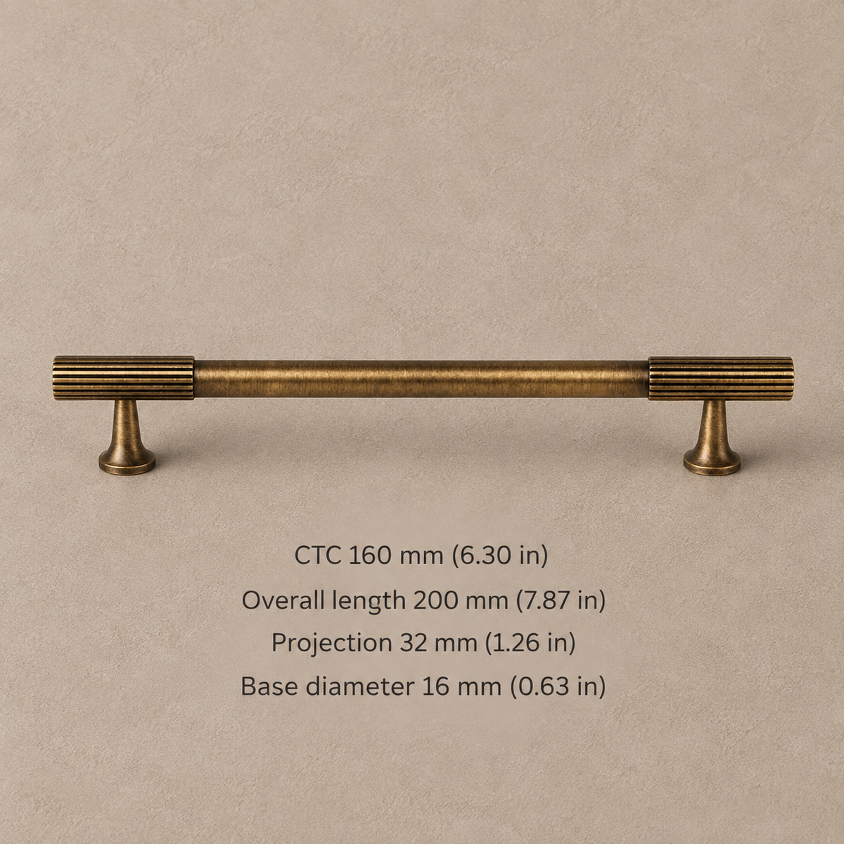 Ribbed Solid Brass Cabinet Pulls & Knobs — Antique Brass — pull-160-ctc