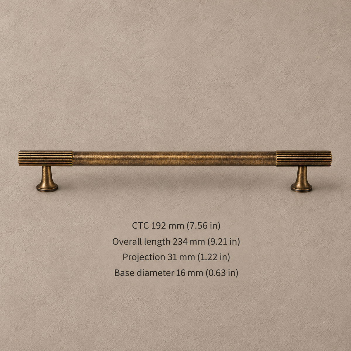 Ribbed Solid Brass Cabinet Pulls & Knobs — Antique Brass — pull-192-ctc