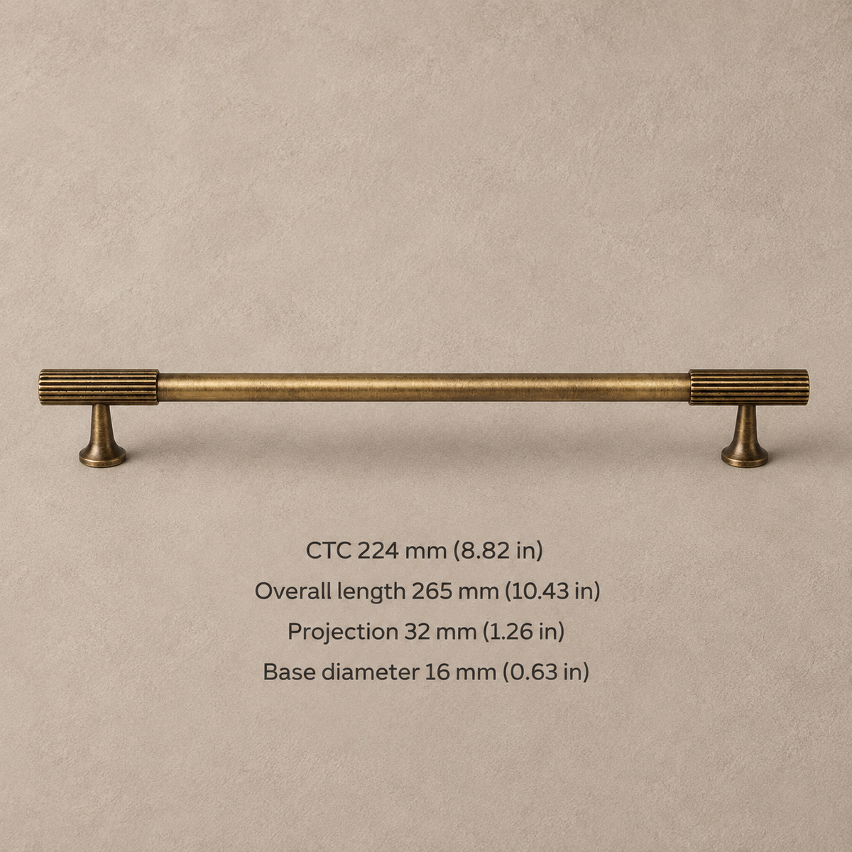 Ribbed Solid Brass Cabinet Pulls & Knobs — Antique Brass — pull-224-ctc