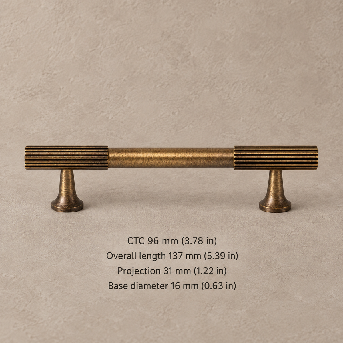Ribbed Solid Brass Cabinet Pulls & Knobs — Antique Brass — pull-96-ctc