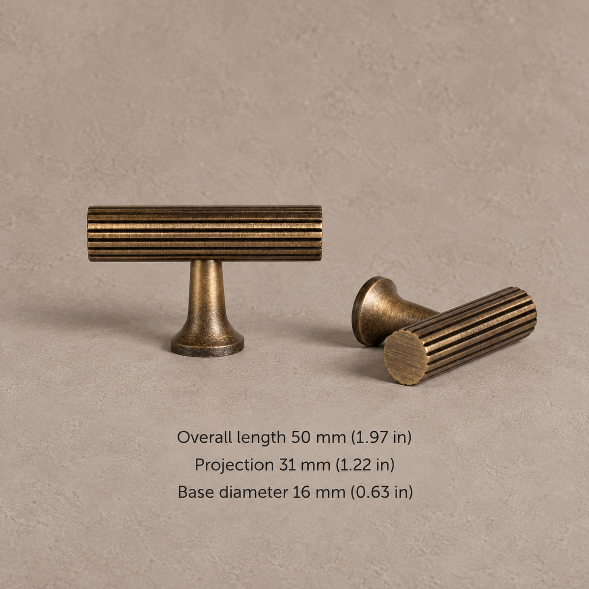 Ribbed Solid Brass Cabinet Pulls & Knobs — Antique Brass — t-knob-50