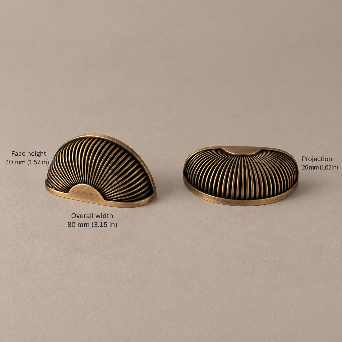 Antique Brass Ribbed Cabinet Pulls & Knobs — Solid Brass Hardware — fluted-cup-80