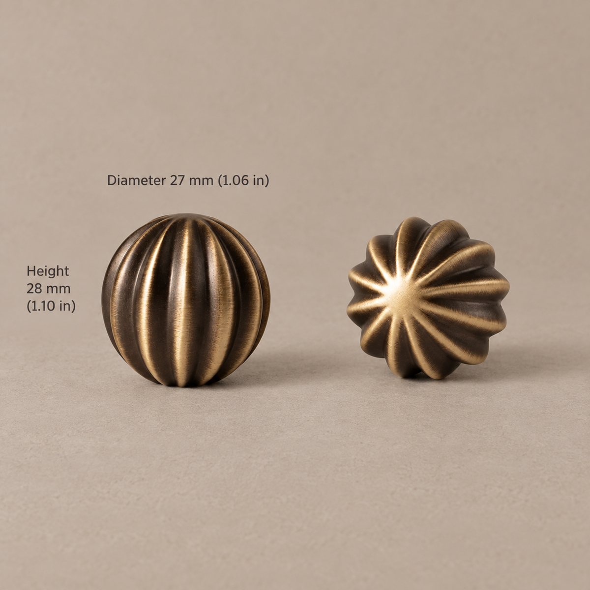 Antique Brass Ribbed Cabinet Pulls & Knobs — Solid Brass Hardware — fluted-knob-27