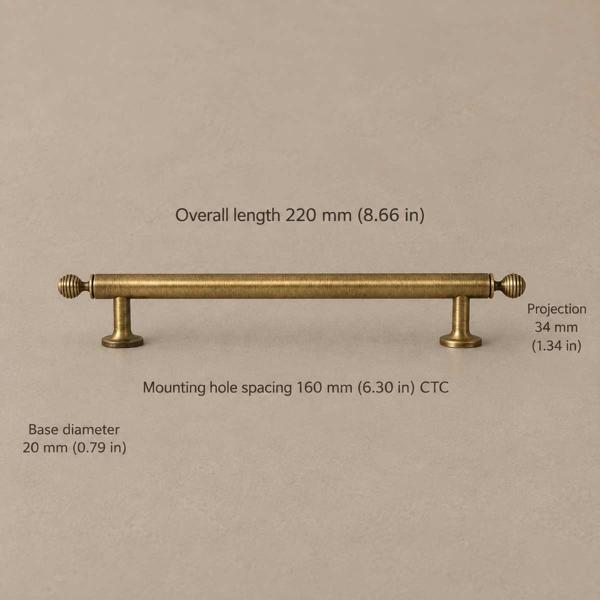 Antique Brass Ribbed Cabinet Pulls & Knobs — Solid Brass Hardware — pull-160