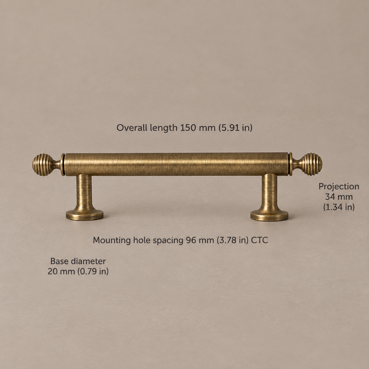 Antique Brass Ribbed Cabinet Pulls & Knobs — Solid Brass Hardware — pull-96
