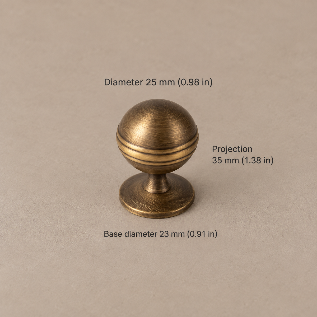 Antique Brass Ribbed Cabinet Pulls & Knobs — Solid Brass Hardware — ring-ball-knob-25