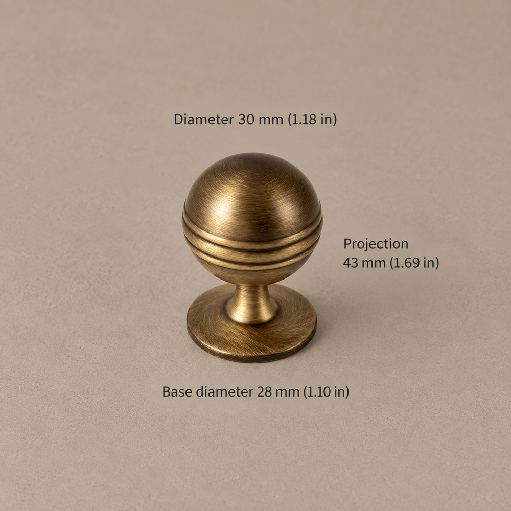 Antique Brass Ribbed Cabinet Pulls & Knobs — Solid Brass Hardware — ring-ball-knob-30