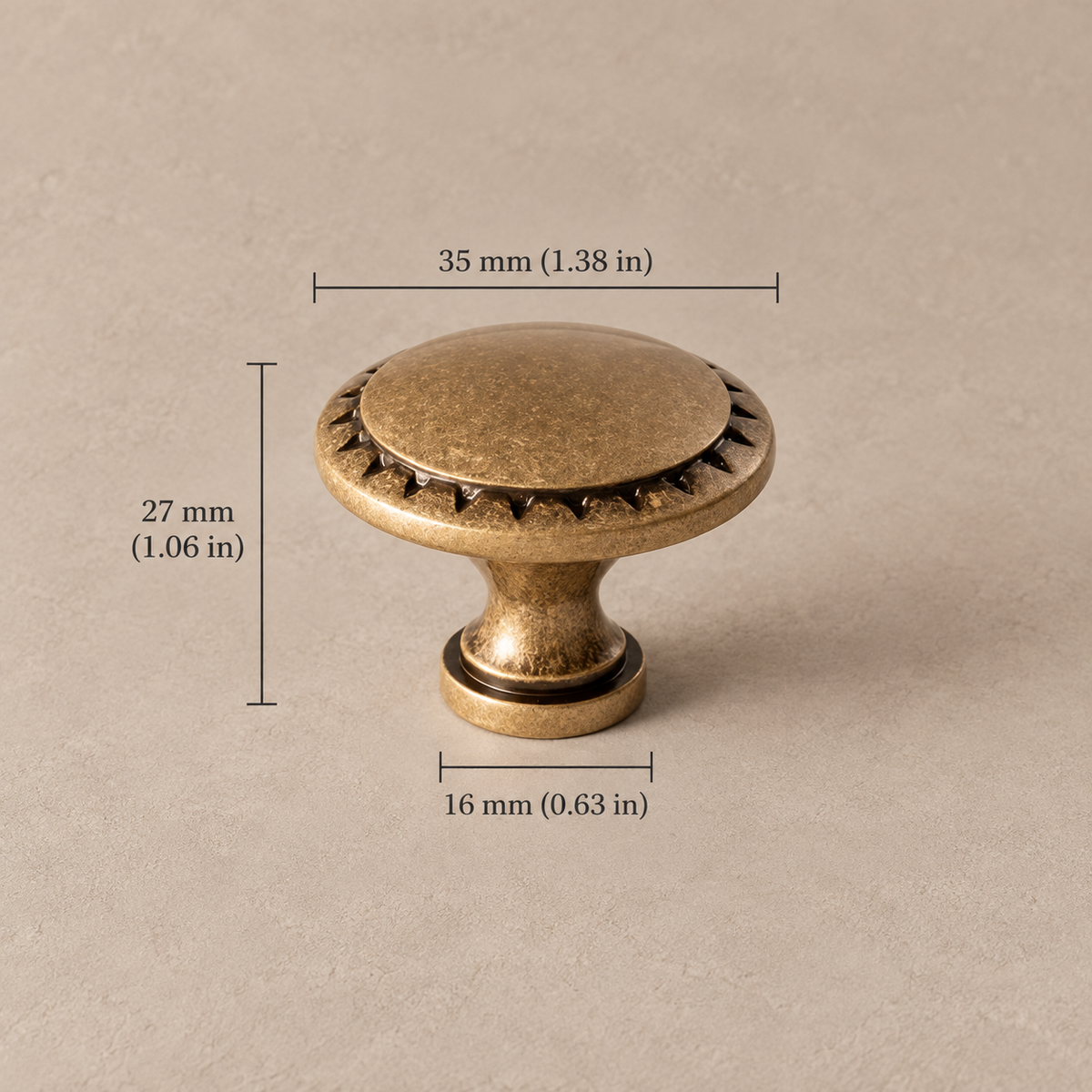 Antique Brass Round Cabinet Knobs — European Luxury Design — aged-35mm-knob