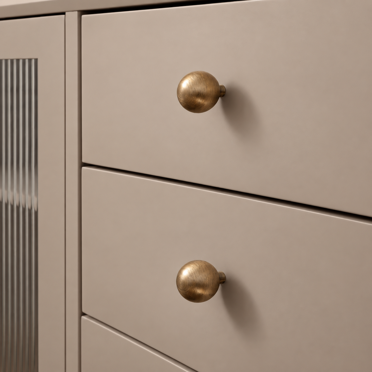 Antique Brass Round Cabinet Knob — Solid Brass — installed