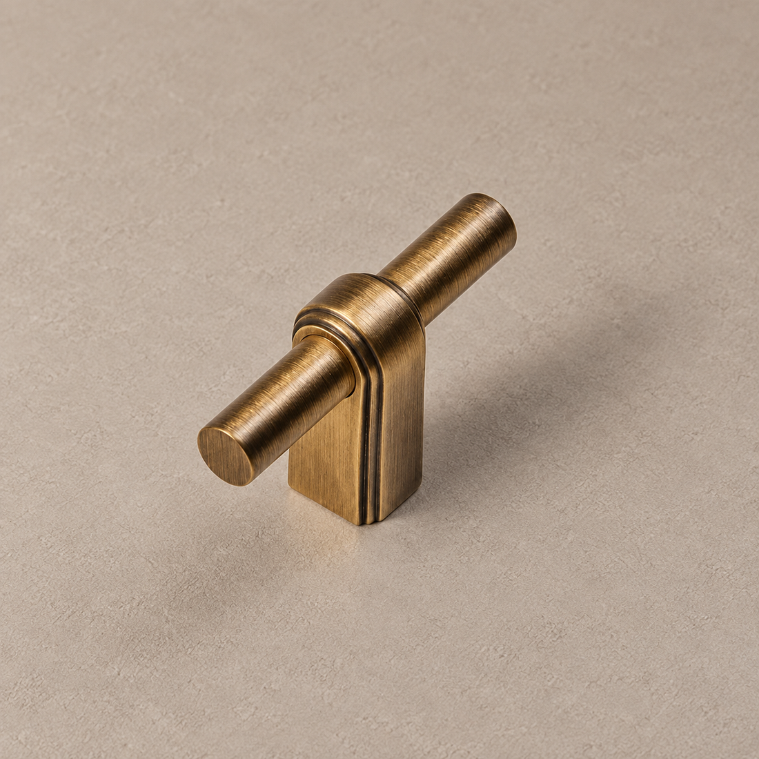 Antique Brass Cabinet Pull & T-Knob — Solid Brass on a warm ivory background