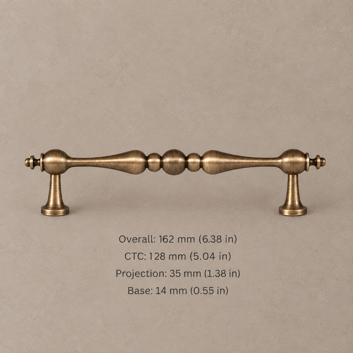 Antique Brass T-Bar Cabinet Pull & Knob — Solid Brass — dimensions in millimetres and inches