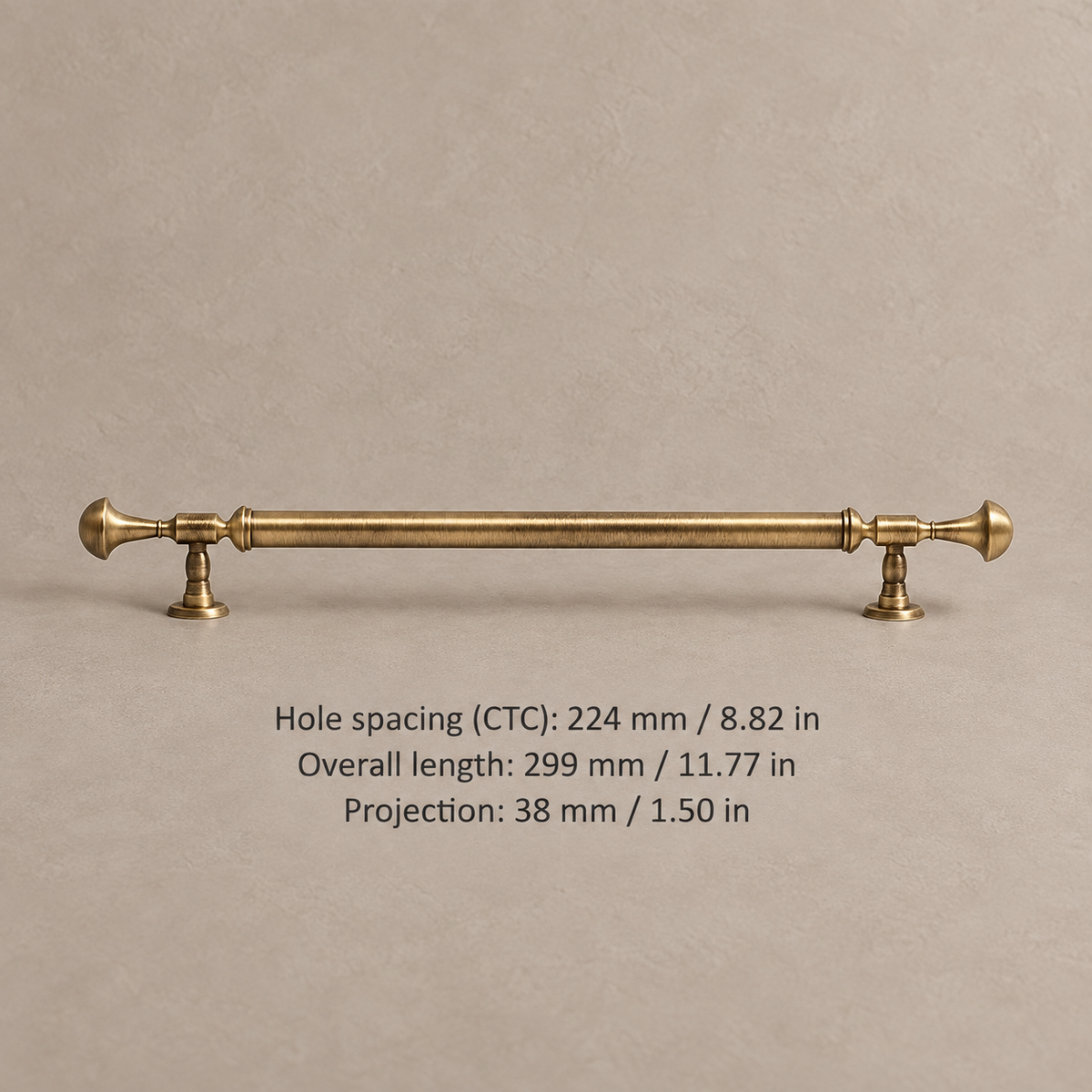 Vintage cabinet pull with 224 mm CTC and 299 mm overall length