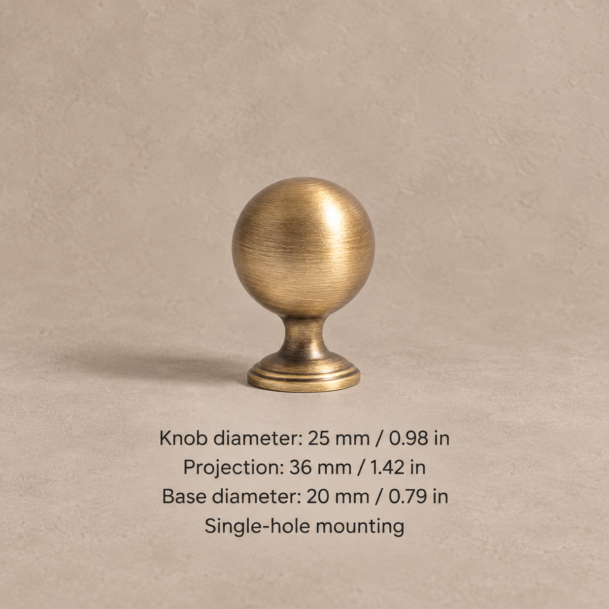 Antique bronze ball knob with 25 mm diameter and dimensions