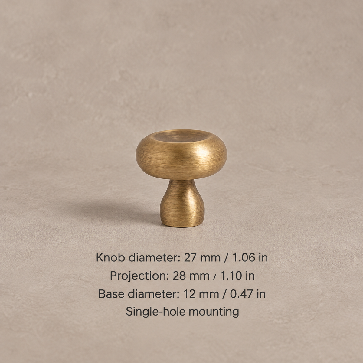 Antique bronze concave knob with 27 mm diameter and dimensions