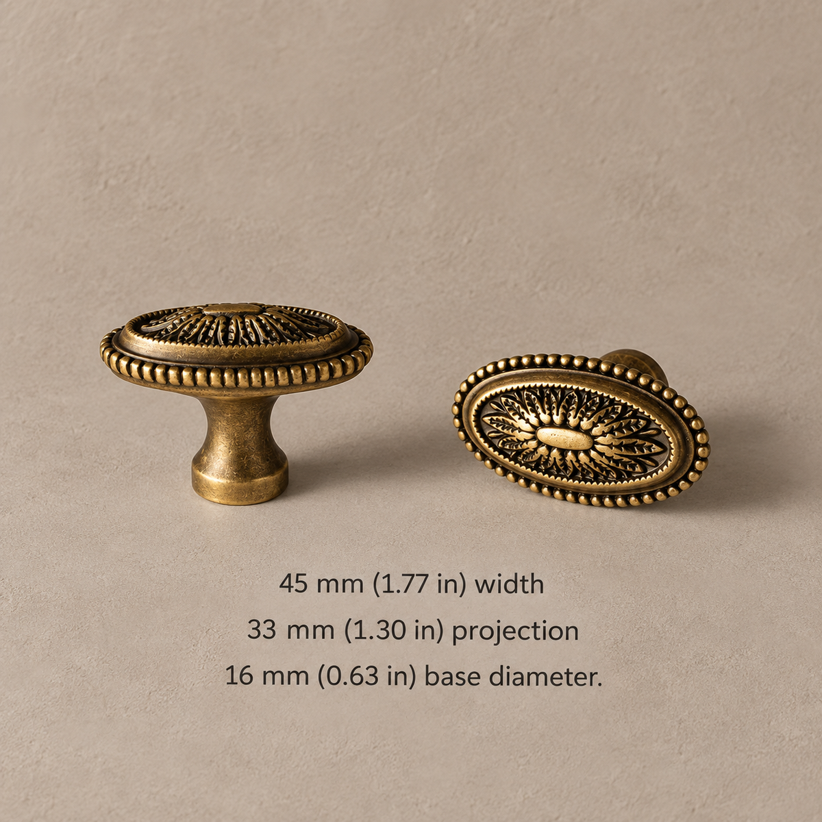 Antique Brass Cabinet Pulls & Knobs — Vintage Design — oval-knob-45mm