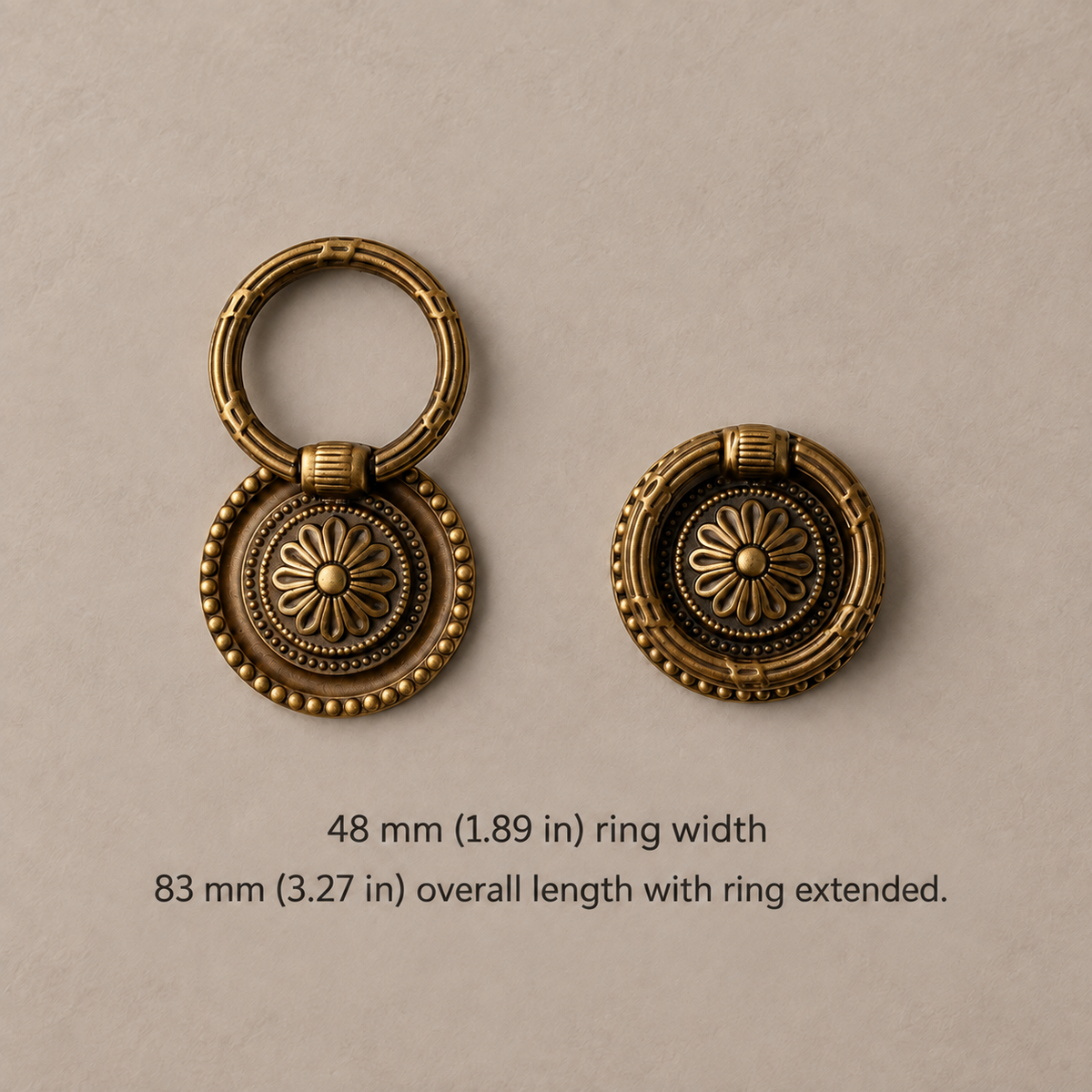 Antique Brass Cabinet Pulls & Knobs — Vintage Design — ring-pull-48mm
