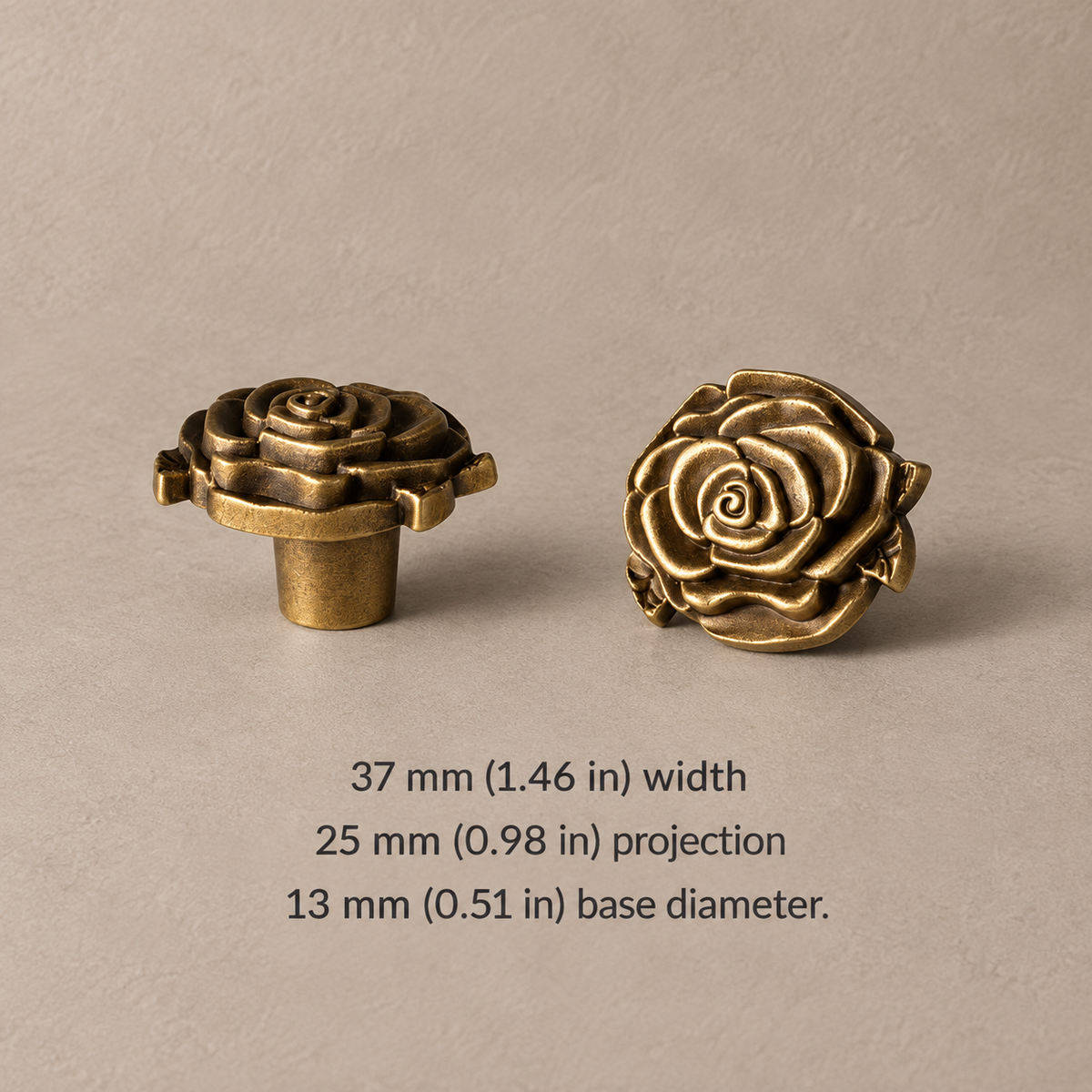 Antique Brass Cabinet Pulls & Knobs — Vintage Design — rose-knob-37mm