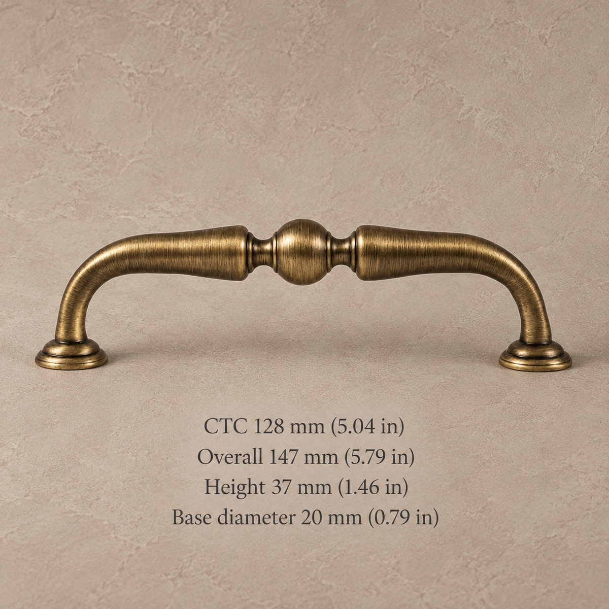 Antique brass arched cabinet pull, 128 mm CTC, dimensions in mm and inches