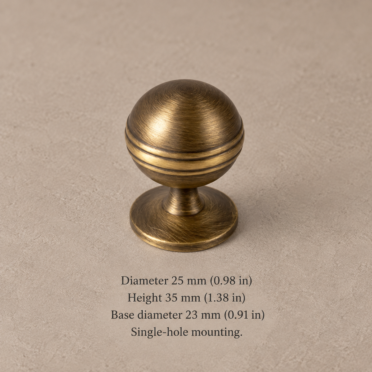 Antique brass ball knob, 25 mm diameter, dimensions in mm and inches