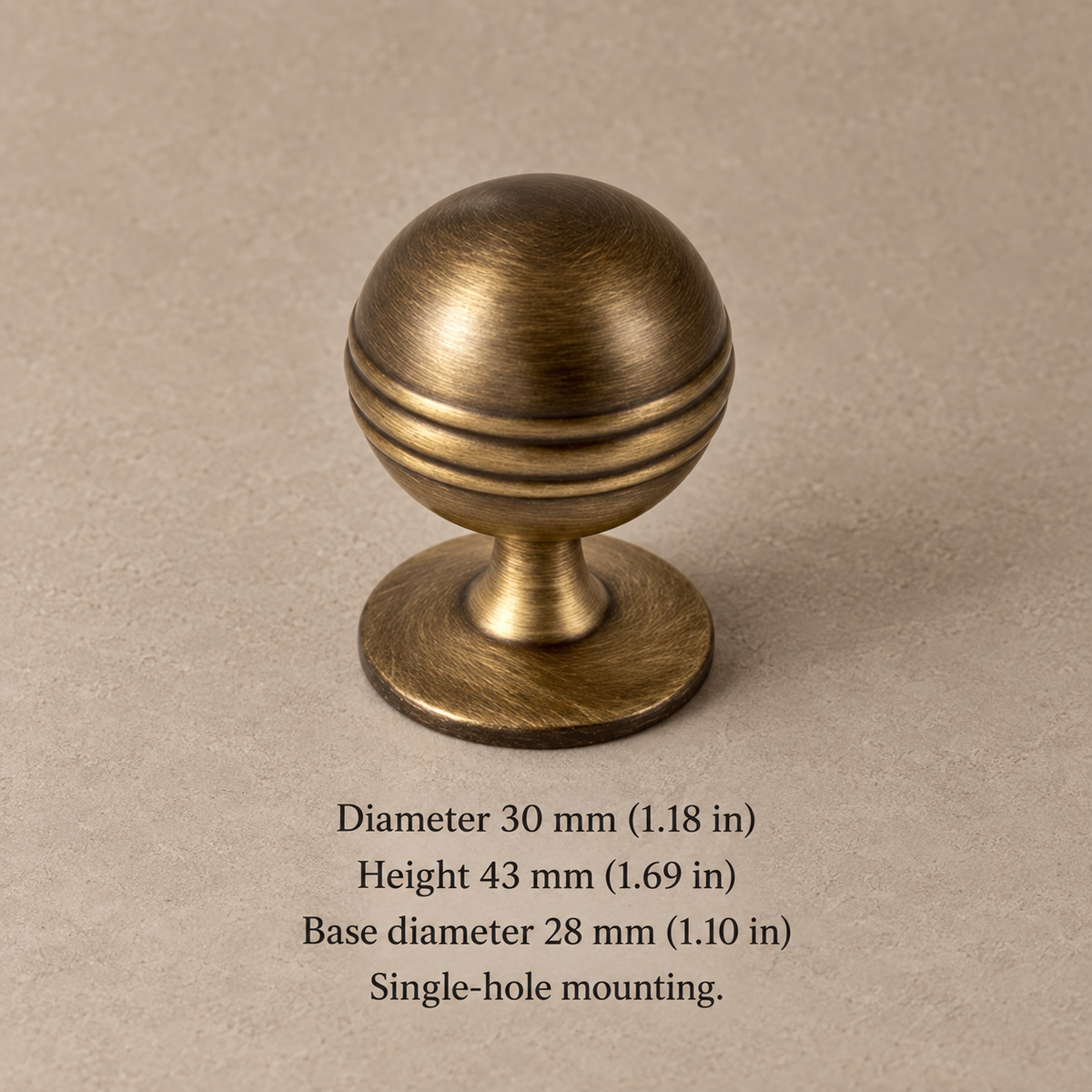 Antique brass ball knob, 30 mm diameter, dimensions in mm and inches