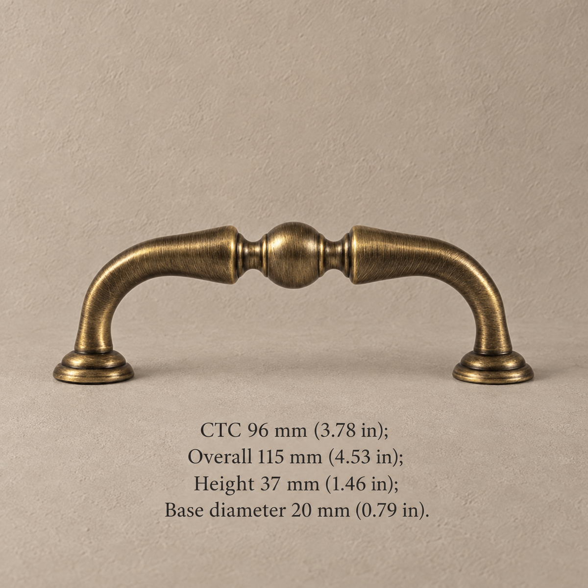 Antique brass arched cabinet pull, 96 mm CTC, dimensions in mm and inches